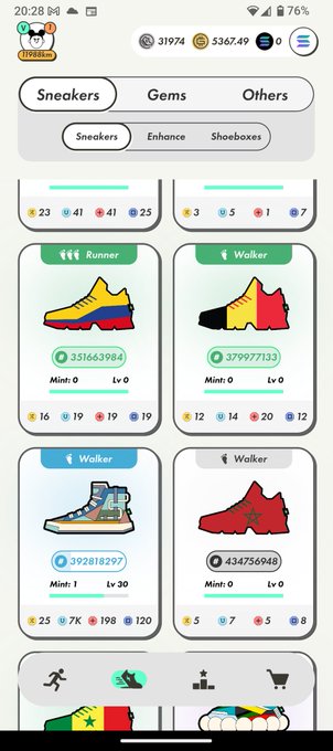 A mobile game screen showing a collection of digital sneakers categorized as Runner and Walker with various stats, levels, and tokens (FLOKI, TON).