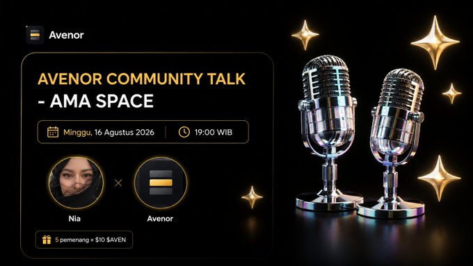 A promotional graphic for the "Avenor Community Talk – AMA Space" featuring two vintage microphones and sparkles on a black background, announcing an event with "Nia" and "Avenor" on Sunday, August 16, 2026, at 19:00 WIB, offering 5 winners $10 $AVEN each. The design visually reinforces the post's theme of a community discussion focused on Avenor's marketing strategies and growth plans.