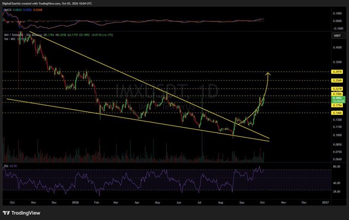A TradingView chart shows DigitalX/TurtleCoin (DNX) breaking out of a descending wedge pattern with rising momentum (RSI near 65), labeled with a yellow arrow pointing upward.