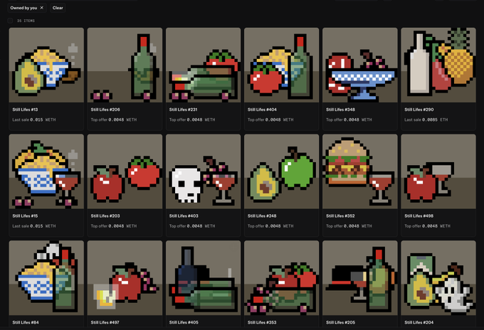A grid of pixel-art NFT thumbnails from a collection titled 'Still Lifes' featuring various food and drink items like avocados, burgers, wines, and cocktails, with bid and offer prices in WETH and ETH.