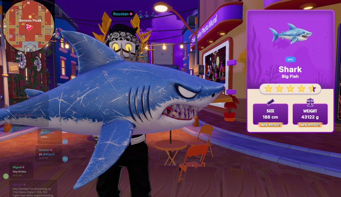 A screenshot from a video game showing a large blue shark character labeled 'Shark, Big Fish' with stats for size (188 cm) and weight (43122 g) in what appears to be a virtual café setting.