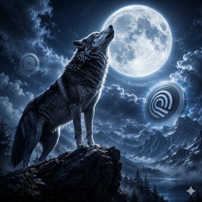 A wolf howls at a large full moon in a dramatic mountain landscape, surrounded by floating digital coins featuring the logo of the ONDO token. The image serves as a symbolic metaphor for the "tokenization narrative" and the surging market momentum mentioned in the post.