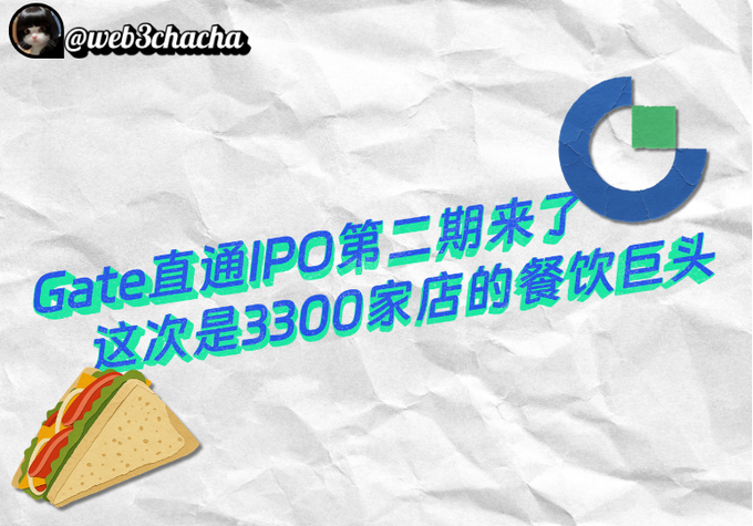 A crumpled paper background featuring a Gate.io logo, a sandwich emoji, and Chinese text reading 'Gate直通IPO第二期来了 这次是3300家店的餐饮巨头' (Gate direct IPO second phase has arrived, this time it's a 3,300-store restaurant giant), with the handle @web3chacha.