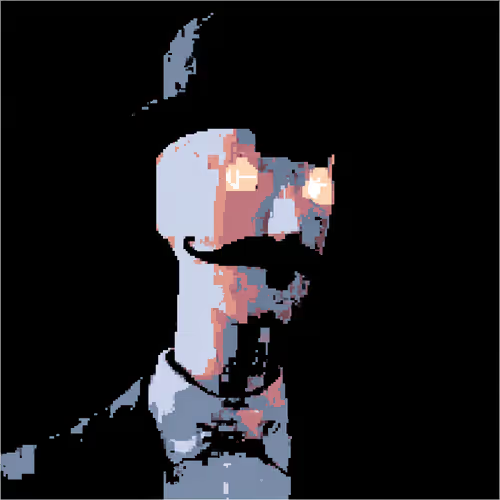 A pixel art portrait of a man wearing a top hat and round glasses with a mustache against a black background.