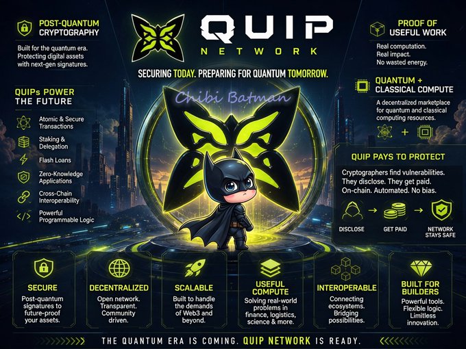 A promotional graphic for "QUIP NETWORK" features a chibi Batman character with the text "SECURING TODAY, PREPARING FOR QUANTUM TOMORROW," highlighting features like post-quantum cryptography, decentralized networks, and quantum + classical compute.