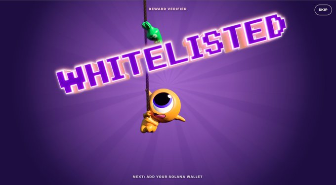 A promotional graphic with 'WHITELISTED' text in pixelated purple font, featuring a yellow emoji character hanging from a rope with a green hand above, set against a purple sunburst background.