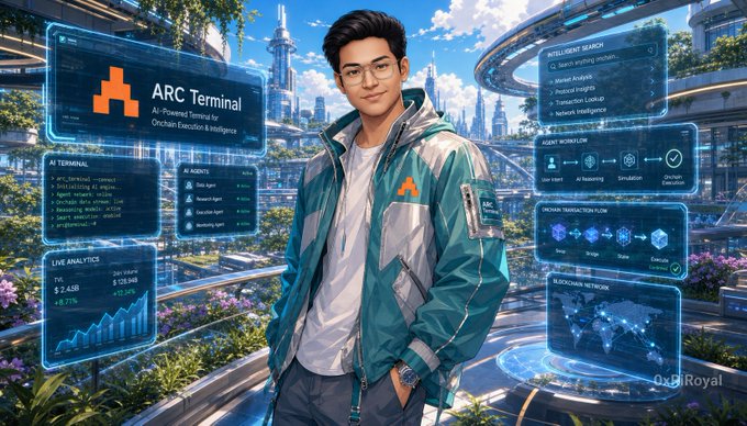 The image shows a young man with glasses standing in a futuristic cityscape, surrounded by floating holographic panels displaying "ARC Terminal," "AI Agents," "Live Analytics," and various blockchain/intelligence metrics. The caption relates to the post's message by visually contrasting Arc Terminal's flashy, feature-heavy presentation with the post's argument that real product value lies in tangible metrics users can feel—like tabs eliminated, steps reduced, and time saved—rather than impressive capability lists.
