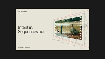 A minimalist video frame presentation slide with the text 'Intent in. Sequences out.' alongside a storyboard assembly visual showing scene compositions.