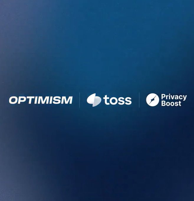 The image displays three logos in white against a deep blue background: "OPTIMISM," "toss," and "Privacy Boost," visually representing the partnership announced between Optimism and Toss to bring South Korea's 30M-user financial superapp into onchain payments.