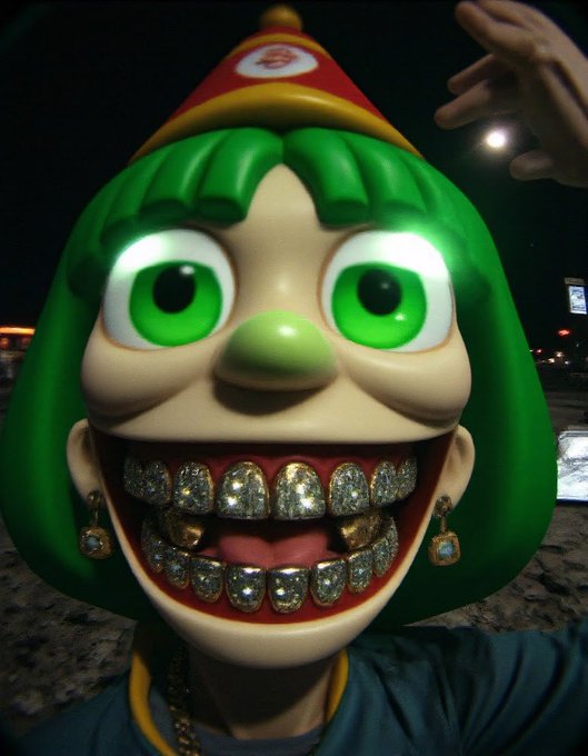 A close-up photograph of a person wearing a green-haired clown mask with large glowing eyes, a red and yellow hat, and metallic gold grills on their teeth.