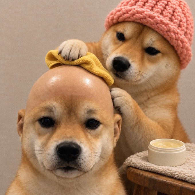 A Shiba Inu wearing a pink knit beanie uses a yellow cloth to polish the bald head of a calm-looking dog, with a small jar of hair product nearby—humorously depicting a "haircare routine" that ties into the post's playful WIF ($wifout) crypto reference, as dogwifhat is famously a bald-hat dog meme token.