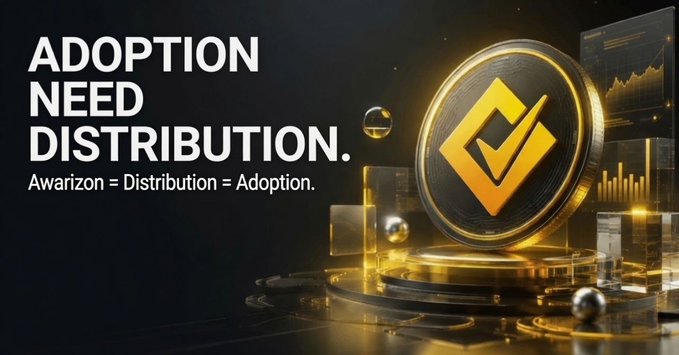 A sleek black and gold promotional graphic features a large coin with a stylized "A" logo alongside bold text reading "ADOPTION NEED DISTRIBUTION." and "Awarizon = Distribution = Adoption." The design visually reinforces Awarizon's mission as a Layer D blockchain focused on solving Web3's native application distribution challenge.