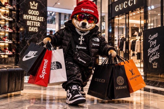 An AI-generated image of a dog dressed in streetwear, including a Supreme beanie, sunglasses, and puffer jacket, carrying multiple luxury shopping bags from brands including Nike, The North Face, Gucci, Versace, and Louis Vuitton.