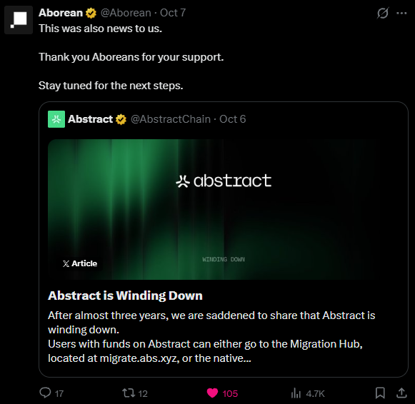 Aborean (@Aborean), a major LP provider on AbstractChain, responds to the unexpected news of Abstract winding down with "This was also news to us," thanking supporters and asking them to stay tuned. The post quotes Abstract's official October 6 announcement, titled "Abstract is Winding Down," which reveals the platform is shutting down after nearly three years and directs users to a Migration Hub at migrate.abs.xyz.