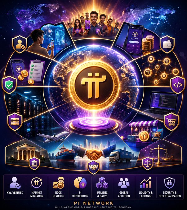 A vibrant Pi Network promotional graphic features the gold Pi logo over a glowing globe, surrounded by Pioneers, mobile wallets, mining, exchange, commerce, and global trade scenes. Bottom labels read “KYC Verified,” “Mainnet Migration,” “Node Rewards,” “Pi Distribution,” “Utilities & dApps,” “Global Adoption,” “Liquidity & Exchange,” and “Security & Decentralization,” visually reinforcing the post’s discussion of separating Pi coins earned through mining from coins acquired through exchange.