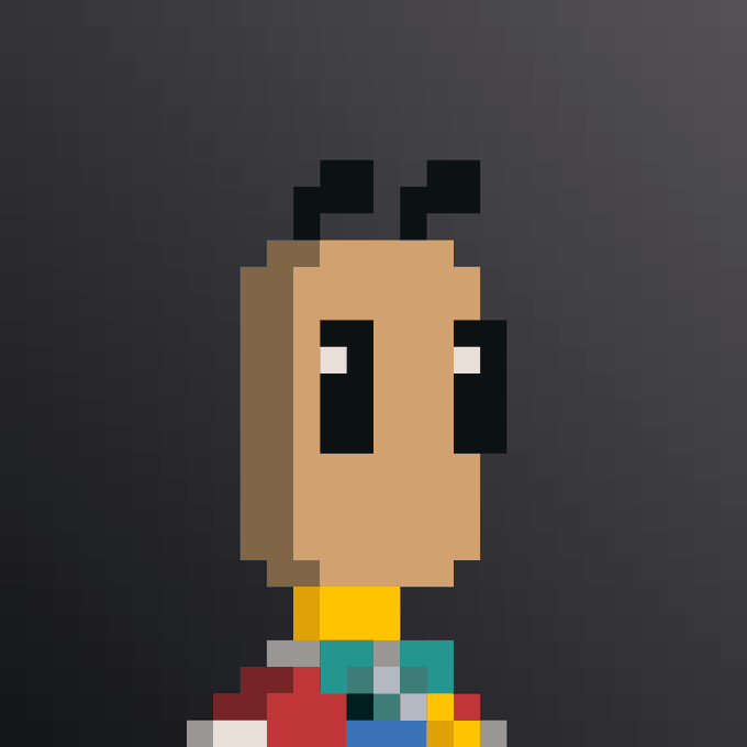 A pixel art illustration depicts a character with brown hair, black antennae, and a colorful outfit against a dark gray background.