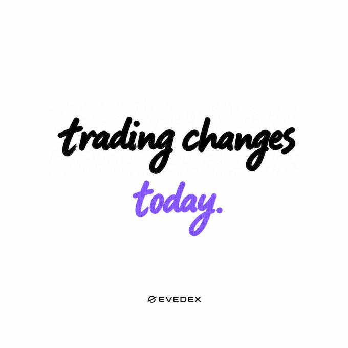 The image displays the hand-lettered text "trading changes" in black script, with "today." highlighted in purple below, accompanied by the EVEDEX logo at the bottom. The post's date of 06.10.2026 suggests this is a teaser announcement for an upcoming trading platform change or launch from EVEDEX.