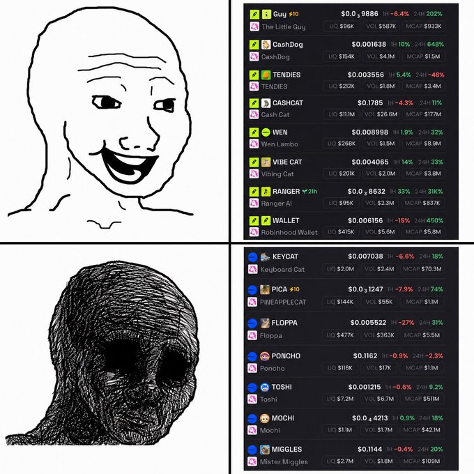 A four-panel meme contrasting a "Wojak" smiling face with a "Doomer" dark-faced figure, paired with cryptocurrency ticker lists showing cat-themed Base memecoins like VIBE CAT, KEYCAT, TOSHI, and FLOPPA with notable price gains (e.g., VIBE CAT up 14% and FLOPPA up 27%) — capturing the bittersweet "degen" nostalgia of early Base ecosystem days versus the grimmer current market reality.