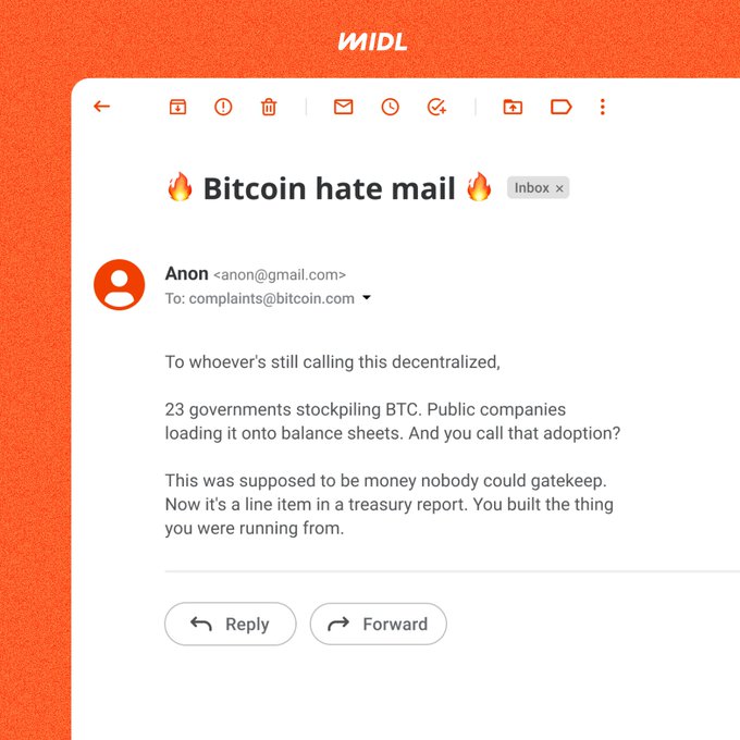 An email titled 'Bitcoin hate mail' in the MIDL app, from Anon to complaints@bitcoin.com, criticizing Bitcoin centralization with 23 governments and public companies holding BTC.