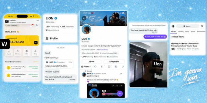 A collage of social media and finance app screenshots featuring a profile named 'LION' (@Lionielo), including Twitter, Telegram, and Cash App interfaces.