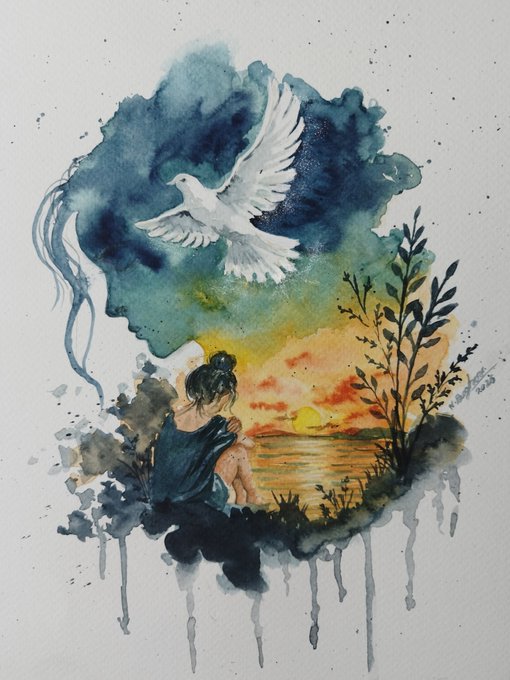 A serene watercolor painting depicts a figure with a topknot seated peacefully beside a tranquil sunset waterscape, as a white dove soars overhead through a dreamy blue sky. The contemplative, meditative mood of the artwork—evoking themes of release, peace, and waiting—mirrors the post's hopeful sentiment that this unique piece ("1/1" indicating a one-of-one) will soon find its destined collector.
