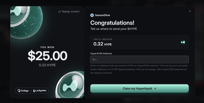 A screenshot of a "Congratulations!" popup from SeasonDime stating "YOU WON $25.00" (0.32 HYPE), with a prompt to enter a HyperEVM Address to claim the reward, branded with beluga x polyester logos.