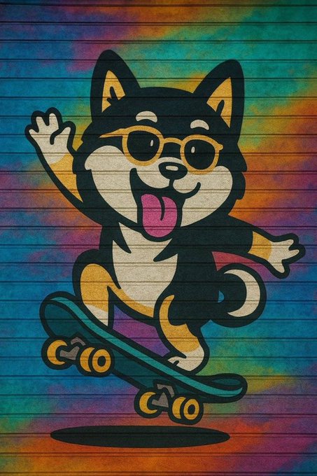 The image features a cartoon dog wearing glasses, riding a skateboard with its tongue out. The background of the image has a tie-dye pattern that adds a colorful and playful atmosphere to the scene. The caption below the image reads "Surf's Up @gemchainapp Let's Put Those paws On The Board And Hang A 10x!!!". This suggests that the image is related to skateboarding or surfing, possibly promoting an event or activity involving these two interests.