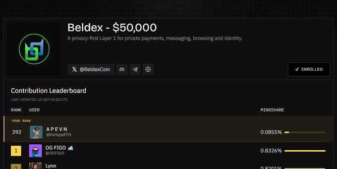 A screenshot of a Beldex contribution leaderboard showing $50,000 prize pool, with the user 'APEVN' (@0xHypieTH) ranked 392nd, below top contributors OG FIGO and Lynn.