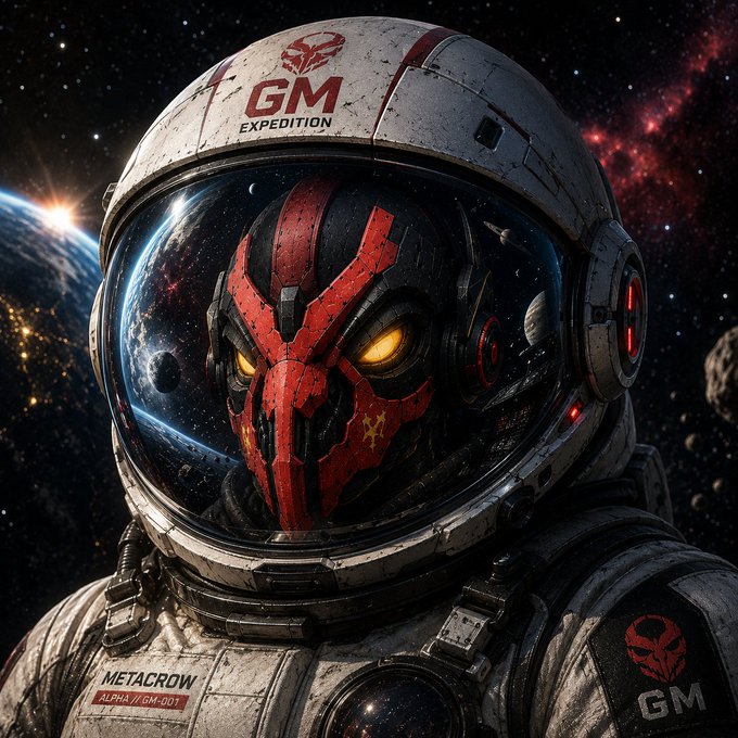 A futuristic “GM Expedition” astronaut with a glowing red Metacrow-style mask floats above Earth against a star-filled backdrop, echoing the post’s “going to the moon” joke. Visible markings include “GM,” “EXPEDITION,” “METACROW,” and “ALPHA // GM-001.”
