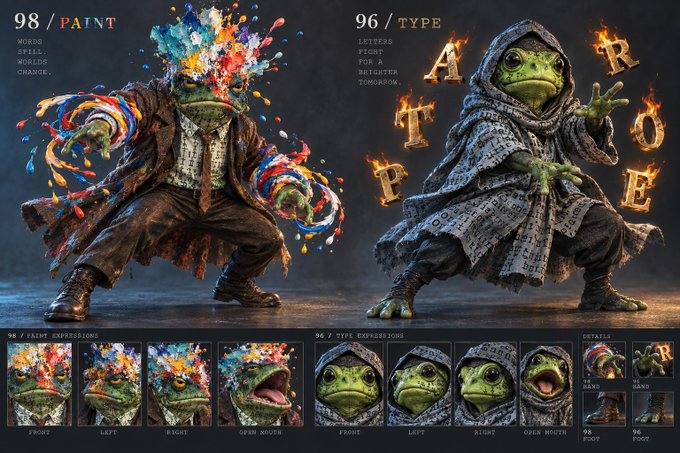 A digital art reference sheet displays two anthropomorphic turtle characters: one titled '98 / PAINT' with colorful paint-splatter effects and another titled '96 / TYPE' wearing a newspaper-textured cloak surrounded by flaming letters.