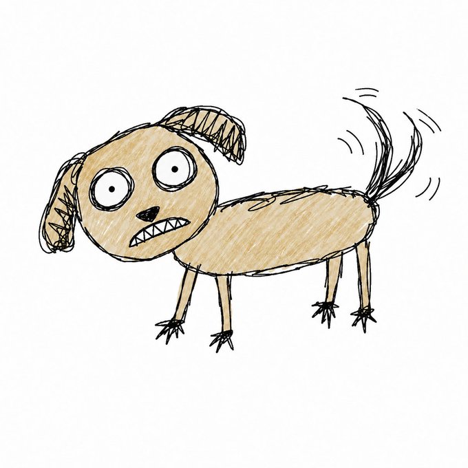 A hand-sketched cartoon dog with wide eyes, a bared-tooth grimace, and a wildly wagging tail—presumably the "SCRUNGUS" mascot—is colored in a tan/brown scribble against a white background. The anxious-looking pup embodies the chaotic, meme-driven energy of the Solana memecoin launch promoted in the tweet.