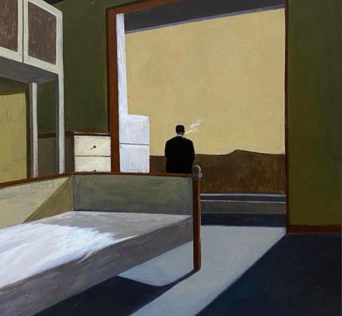 A solitary man in a dark suit stands with his back turned, gazing out a large window into a muted yellow sky above a barren landscape, evoking quiet contemplation and solitude—an apt visual pairing for a peaceful "Good morning" greeting.