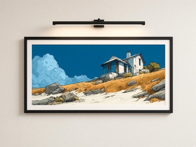 A framed illustration of a house on a rocky hillside with clouds in a blue sky hangs on a wall beneath a light fixture.