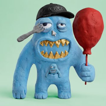 A blue claymation-style monster figure wearing a black Gucci cap, holding a fork and a large piece of red meat on a stick against a teal background.