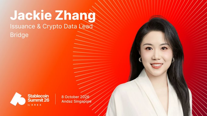 A promotional graphic for Stablecoin Summit 26 by KREX featuring Jackie Zhang, Issuance & Crypto Data Lead at Bridge, taking place 8 October 2026 at Andaz Singapore.