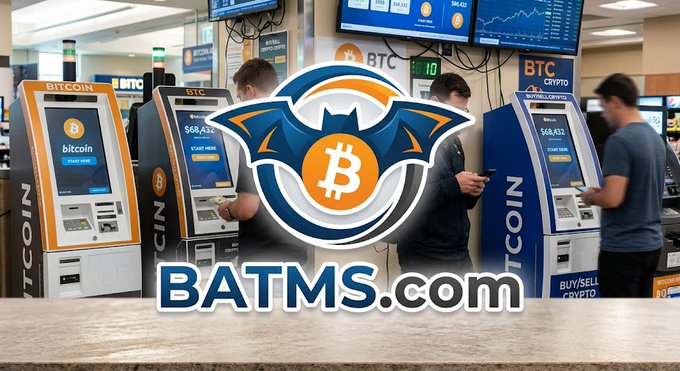 A promotional image for 'BATMS.com' overlays a Bitcoin logo with bat wings onto a background of cryptocurrency ATMs. The ATMs display Bitcoin logos, prices around $68,422, and 'Start Here' screens, with people visible using the machines in a brightly lit store.