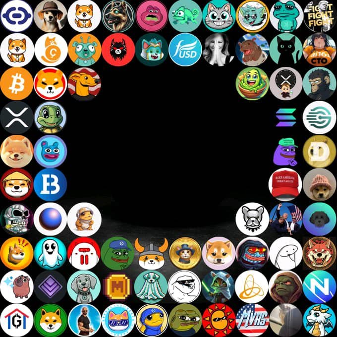 A collage of various cryptocurrency logos and meme coins arranged in a border around a dark central area, featuring recognizable tokens like Bitcoin, XRP, USDT, and numerous animal-themed coins.