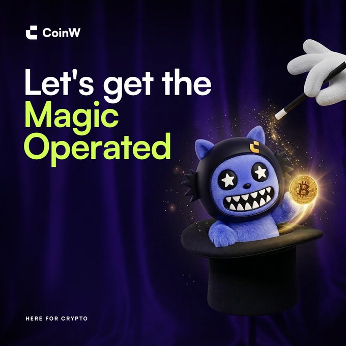 A CoinW promotional image featuring a blue furry character in a magician's hat holding a glowing Bitcoin, with the text "Let's get the Magic Operated" and "HERE FOR CRYPTO," teasing an upcoming crypto giveaway event.
