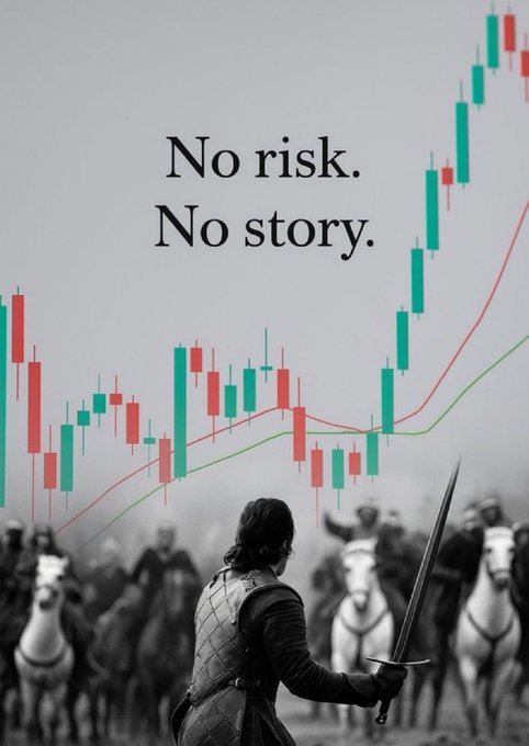 A warrior holding a sword faces an army on horseback, set against a candlestick chart with a bullish trend, accompanied by the text "No risk. No story." — fitting the post's "Gm everyone" greeting with a bold reminder that meaningful gains require courage.