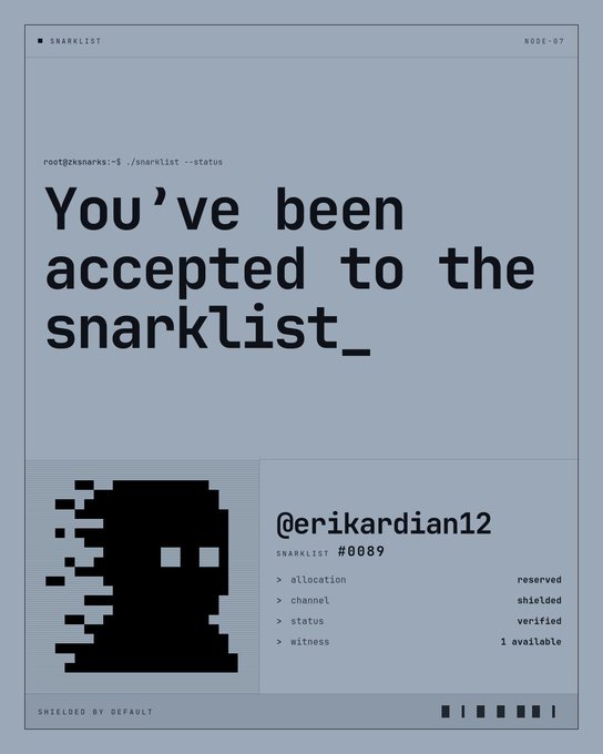 A blue-toned digital certificate or status page titled 'You've been accepted to the snarklist_' for user '@erikardian12' (SNARKLIST #0089), featuring a pixelated character graphic and details like 'allocation: reserved' and 'channel: shielded'.