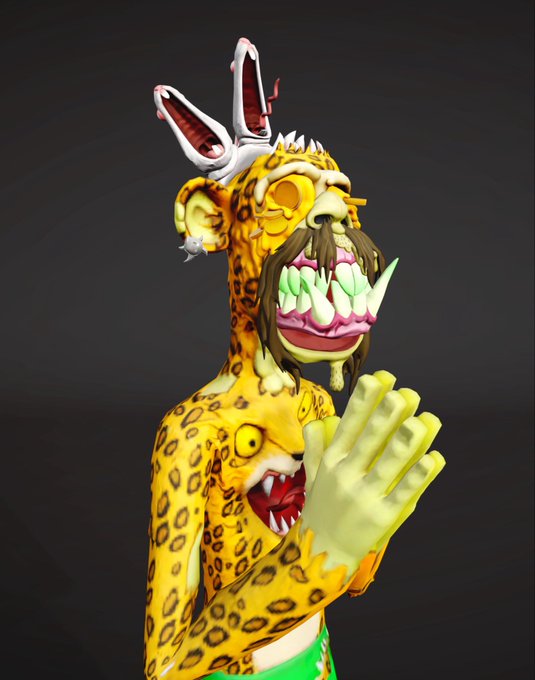 A 3D-rendered cartoon character with yellow leopard-print skin, wild green teeth, a brown mustache, and rabbit-ear-like protrusions poses against a black background, paired with a "Goodnight fam" message for a quirky nighttime sign-off.