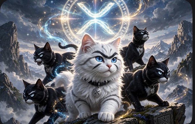 A fantasy illustration of a central white cat with blue eyes surrounded by four black cats, all wearing collars, set against a mountainous backdrop with a glowing mystical symbol overhead.