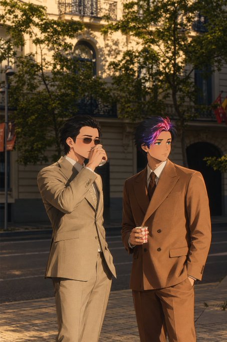 An anime-style illustration of two men in suits on a European street, one drinking from a cup and the other holding a red can.