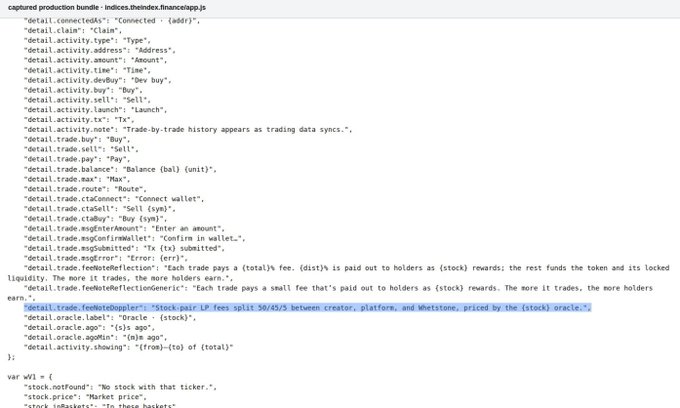 The image shows a code snippet from "indices.thendex.financial/app.js" detailing launchpad parameters, including trade fees (2.5% total split between creators and platform), a 50/45/5 fee distribution model, and features like fair price oracle and trade-by-trade history sync, reflecting the technical infrastructure behind $INDEX's launchpad functionality.