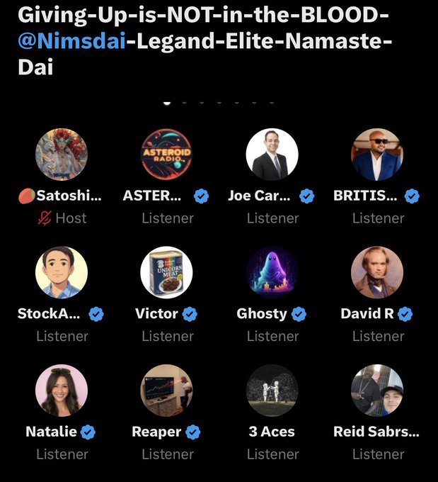 A Twitter Space titled 'Giving-Up-is-NOT-in-the-BLOOD-@Nimsdai-Legand-Elite-Namaste-Dai' hosted by Satoshi, with 11 listeners including Joe Car, ASTER, Victor, Ghosty, David R, Natalie, Reaper, 3 Aces, and Reid Sabrs.