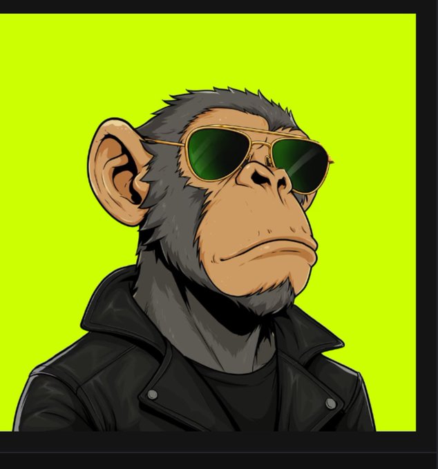 A digital illustration of a chimpanzee wearing gold-rimmed sunglasses with green lenses and a black leather jacket, set against a bright green background.