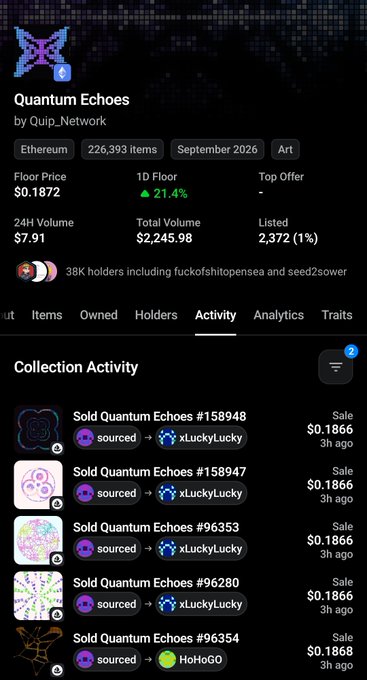A mobile app screenshot showing the 'Quantum Echoes' NFT collection by Quip_Network on Ethereum, with a floor price of $0.1872 and recent collection activity including sales to xLuckyLucky and HoHoGo.