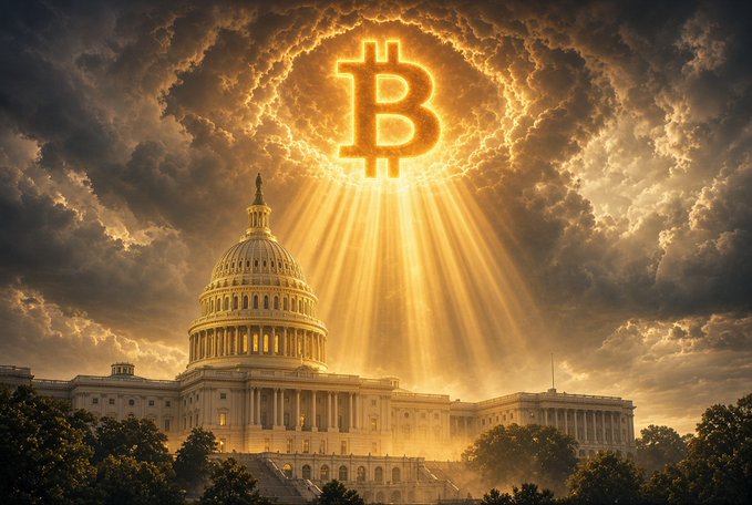 A dramatic, heavenly depiction of the Bitcoin logo radiating golden light over the U.S. Capitol building, symbolizing the imminent Senate vote on the Clarity Act that could shape crypto's regulatory future in America. The celestial imagery conveys a sense of monumental significance as lawmakers prepare to decide the fate of digital asset policy.