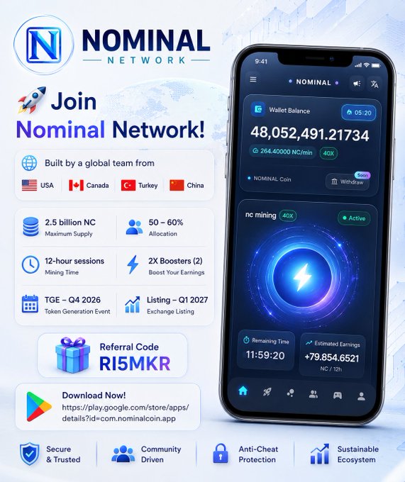 Promotional graphic for Nominal Network featuring its logo, key details (2.5 billion NC max supply, 50–60% allocation, TGE Q4 2026, listing Q1 2027, referral code RI5MKR), and a smartphone mockup displaying the app's dashboard with a wallet balance of 48,052,491.21734 NC and active mining at 40X. The visual complements the post by highlighting the same launch details and referral code for joining the platform.