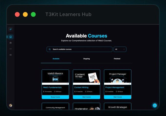 A dark-themed “T3Kit Learners Hub” dashboard shows an “Available Courses” page with tabs for Available, Ongoing, and Finished, plus cards including “Web3 Fundamentals,” “Content Writing,” and “Project Management.” It reflects the post’s theme of learning online skills—especially content writing—to earn an initial $500.